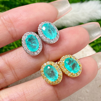Pendientes de tuerca con gema brasileña azul Paraíba vibrante, corte ovalado, halo de circonita, para bodas, fiestas, regalo, joyería al por mayor