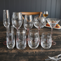 Ensemble de verrerie gravée à motif floral vintage avec base pulvérisée rose pour vin, champagne, cocktails et usage quotidien
