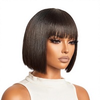 Peluca Bob Recta de 10 Pulgadas con Flequillo, Estilo Yaki Ligero, Realista, Negra, Lista para Usar, Corte Recto, Sin Pegamento