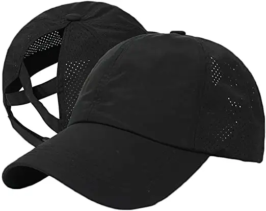 Curl Cap 100%Cotton quick dry fit Hat with Ponytail Hole for Women Stylish Washed Buckle Messy Bun Hat Black Hat