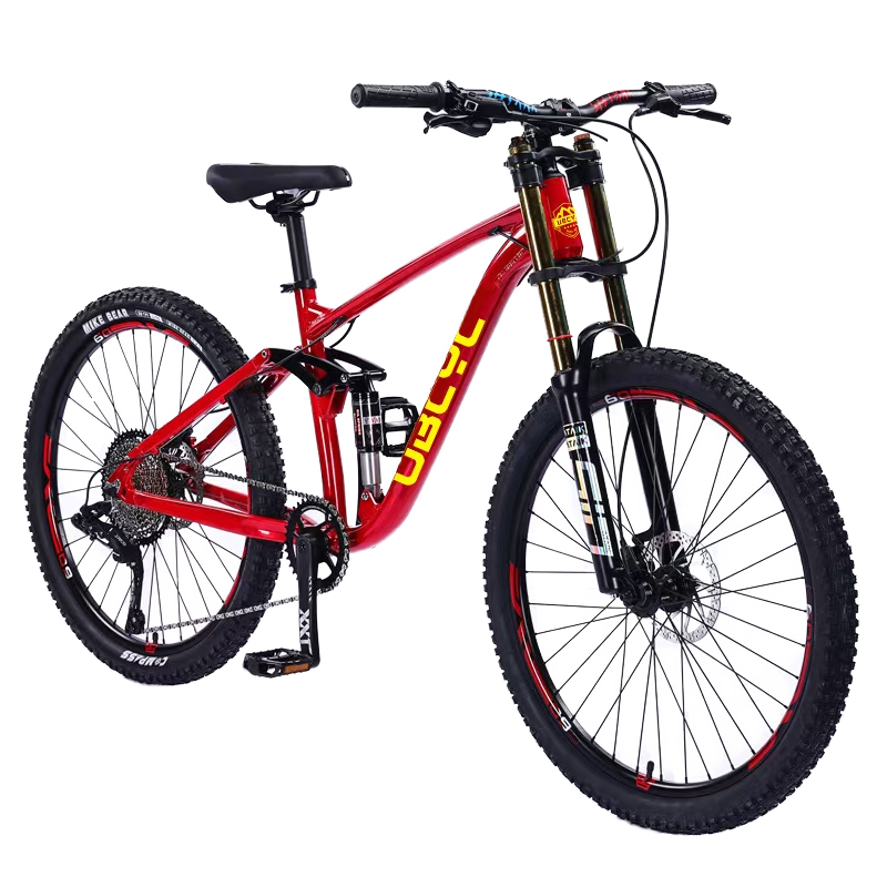 Bicicleta de montaña roja de doble suspensión