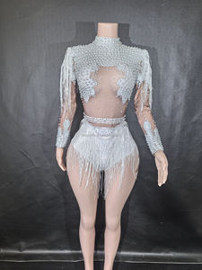 Costume de ballet jaune brillant à franges et fente haute pour chanteuse, robe de scène sexy pour spectacle de bar, costumes de performance - Product Image 5