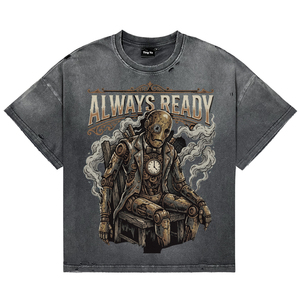 T-shirts respirants pour hommes avec motif robot steampunk, effet délavé vintage, en coton vieilli, coupe oversize, OEM ODM disponibles - Product Image 1