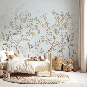 Murale Calmante per Cameretta in Stile Pastello, Foresta Acquerellata con Uccelli e Gru, Decorazione Murale per Camere dei Bambini e Sale Giochi, Facile da Installare - Product Image 6