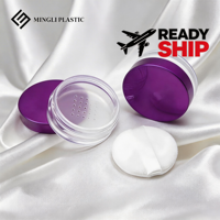 Boîte de poudre libre transparente violette en gros de l'usine Mingli, pot rond cosmétique de 15g avec tamis en maille élastique, option de logo personnalisé