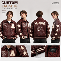 Blouson Bomber Varsity Homme en Similicuir Bordeaux Personnalisé OEM, Broderie Étoile Vintage, Fermeture Éclair, Style Racing, Faible MOQ
