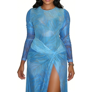 เดรสยาวพิมพ์ลายใบไม้ซีทรูสำหรับผู้หญิง แขนยาว ช่วงเอวเข้ารูป ผ่าสูง เหมาะสำหรับงานกลางคืน แฟชั่นชุดเดรส - Product Image 5