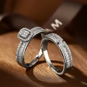 Dylam 925 Sterling Silver 5A AAAAA CZ Baguette Promise Engagement Bridal Eternity Band Women Jewelry Wedding Rings Couple Set