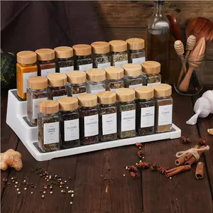 4oz 24Pcs Bocaux à épices en verre avec étiquettes Bouteilles à épices carrées vides avec couvercle en bois d'acacia