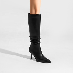 Bottes hautes noires froncées à <span class=keywords><strong>talon</strong></span> aiguille et bout pointu <span class=keywords><strong>pour</strong></span> femme Moncheer, avec fermeture éclair, rehaussantes, <span class=keywords><strong>pour</strong></span> l'été, l'hiver et l'automne - Product Image 1