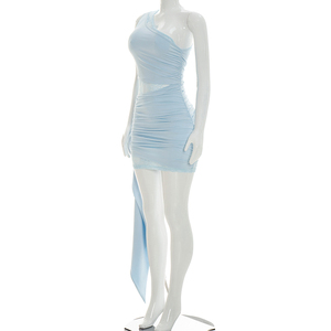 Robe d'été pour femmes Viviblook C26DS134, nouvelle robe décontractée unie sans manches, à épaule unique, avec ruban en dentelle, mini robe de soirée - Product Image 3