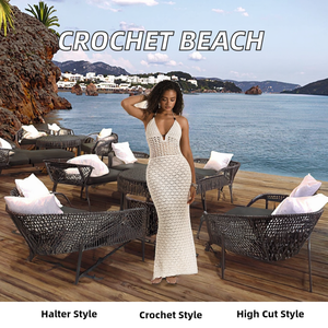 Women's High Cut Hollow Out Mesh Crochet Summer Dress with Jewelry Slit Crop <b>Top</b> Beachwear Cover-Up in Two Colors - Product Image 2