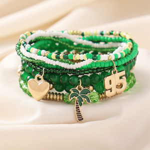 Bracelet Bohème Superposé en Perles de Rocaille pour Femme avec Perles Vertes et Motif Cœur Palmier, 95 Pendentifs - Bijoux de Vacances Plage - Product Image 5