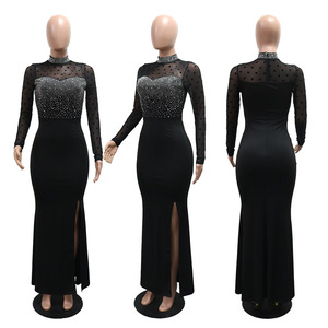 Vestido Largo de Malla con Pedrería para Mujer, Cuello Alto, Manga Larga, Vestido de Noche Formal, Vestidos de Moda para Mujer - Product Image 5