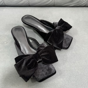 New Style Women's Black Bow-Embellished Square-Toe Open-Toe <b>Low</b>-<b>Heel</b> <b>Stiletto</b> Slide Sandals for Outdoor Wear - Product Image 3