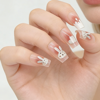 Faux Ongles Carrés Moyens Rose Aura Blush Effet Goutte d'Eau Lapin Mignon à Coller en Gros, Ongles Artificiels Réutilisables avec Logo Personnalisé
