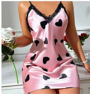 Nouvelle Robe de Nuit en Satin pour Femme, Sexy, Dos Nu, Bretelles Cœur, Robe Courte Imprimée, Fine et Respirante pour la Maison - Product Image 3