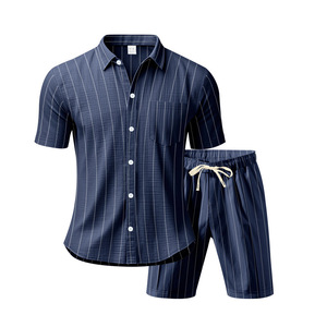 Set Kemeja Pria Grosir Katun Campuran Garis-Garis Saku Lengan Pendek Kancing Depan dan Celana Pendek Kasual Resort Set Dua Potong - Product Image 5