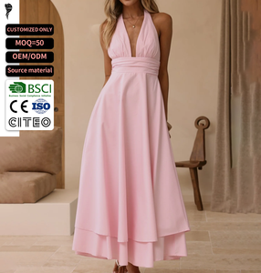 Elegante Vestido Maxi Rosa Halter con Corte A, Cintura Imperio, de Gasa sin Mangas, Color Sólido, Transpirable, para Fiesta de Verano - Product Image 1
