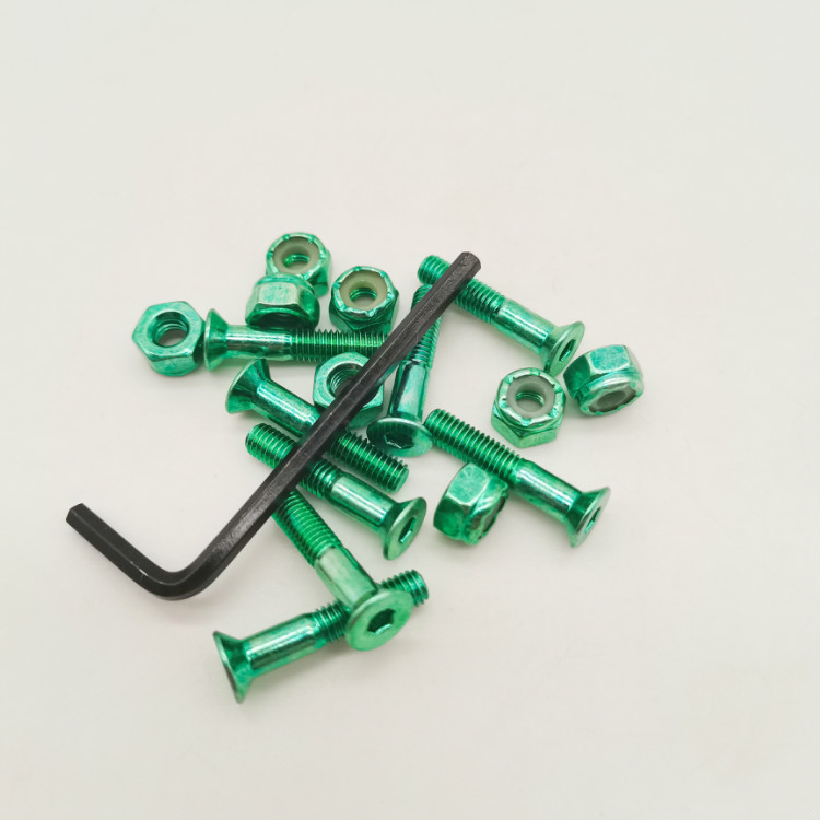 Skateboard Hardware Of 1'' Flat Allen Head Bolts Nuts With Green Color For Skate Board