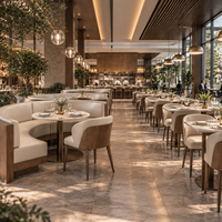 Ensemble de banquettes en noyer, table à manger en marbre, fauteuils en cuir crème courbés, pour restaurant, commercial, personnalisable, OEM, usine chinoise