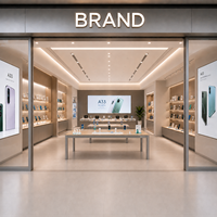 Comptoir de présentation en bois sur mesure, robuste et moderne, pour l'aménagement intérieur de salles d'exposition de smartphones et la mise en scène des magasins de marques