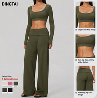 Ensemble de yoga pour femme avec taille pliable, haut court à col rond et manches longues, pantalon large brossé rembourré, contrôle du ventre, effet push-up, séchage rapide
