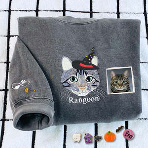 Chat brodé personnalisé Portrait Photo femmes Halloween sorcière chapeau sweat à capuche hiver automne tissé tissu 3D motif avant - Product Image 3