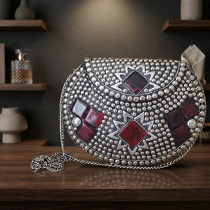 Latest Collection In <b>Silver</b> Steel Clutch <b>Bag</b> With Red Stone Geometric Pattern And Chain Strap For Women Party Resin Crafts - Product Image 1