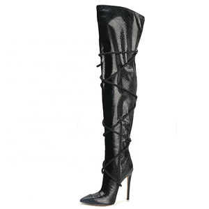 Bottes hautes tendance à imprimé mode avec lanières, grande taille 43, pour femme, à talon fin, bout pointu, cuissardes longues - Product Image 1