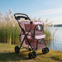 Poussette pliable pour animaux de compagnie, double couche, 4 roues, cadre en fer, maille respirante, pour toutes les saisons, pour chiots et chats