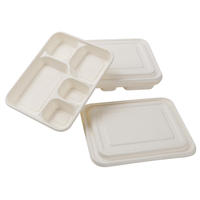 Grote 290mm stevige, oliebestendige, magnetronbestendige, gegoten, wegwerpbaar sushi-rijst bento doosje met 5 compartimenten en deksel van bagasse