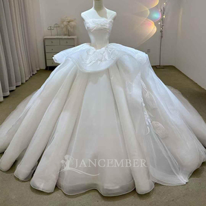 Vestido de novia de satén francés sin tirantes con encaje para novias, elegante vestido de bienvenida con falda abullonada y cola Lsjj65 Jancember - Product Image 1
