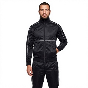 Conjunto Deportivo Ligero para Hombre, Chaqueta con Cierre y Cuello Alto y Pantalones con Ribete Blanco, 100% Nailon, Color Negro - Product Image 1