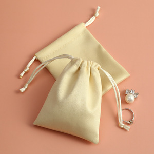 Velvet <b>Drawstring</b> Bag Beige Suede Rectangular Jewelry Storage <b>Pouch</b> With Printing For Rings Earrings Gifts Packaging - Product Image 3