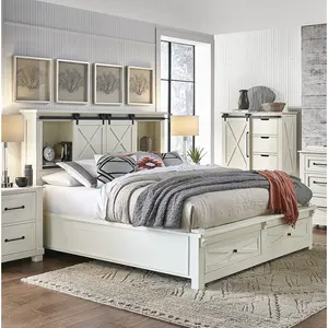 Farmhouse Hotel Double Full Size Queen Bed Frame With Storage Sliding Barn Door Charging Station
