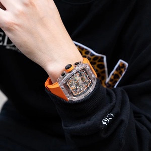 CRONUSART Reloj de Pulsera con Forma de Barril de Zafiro para Hombre de <span class=keywords><strong>44</strong></span> mm con Correa de Goma Naranja, Cierre de Mariposa y Manecillas Luminiscentes. - Product Image 2