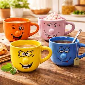 Ensemble de 4 tasses à petit-déjeuner en porcelaine multicolores avec visages amusants, 450 ml, compatibles lave-vaisselle - Product Image 5