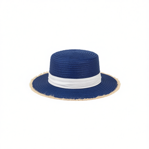 Chapeau de paille Angelina Boater réglable unisexe pour l'été, style décontracté, bleu avec bordure en ruban blanc - Product Image 1
