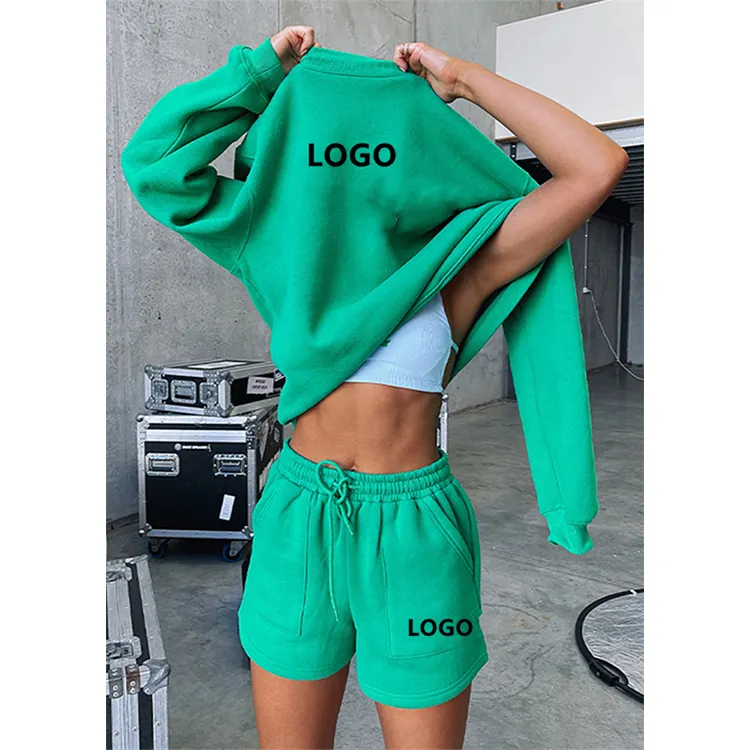 Custom Logo Vrouwen Crewneck Sweater Zweet Pak Set Zomer 2 Delige Set Vrouwen Oversize Sweatsuit En Shorts Set