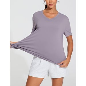 Camiseta de Manga Corta para Mujer, Cuello en V, Corte Holgado, Transpirable, de Poliéster Jersey, Informal, para Entrenamiento, Top Básico de Verano - Product Image 4