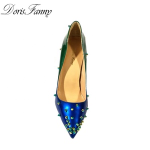 Blue and Green Rivets Pointy <b>Toe</b> Thin <b>Heels</b> Summer Women's Slip on Pumps Sexy Party Fancy Shoes - Product Image 6