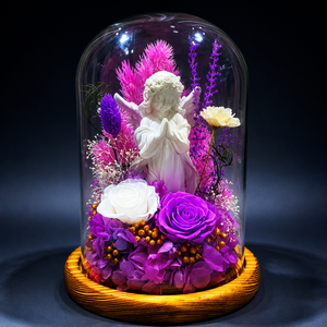 Fiore Conservato in Cupola di Vetro con Statuetta di Angelo in Gesso, Rose Eterne per Regali di Natale, San Valentino, Festa della Mamma, Decorazione Casa - Product Image 2