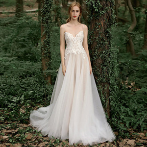 Champagne A-Line Tulle Wedding Dress Sweetheart Neckline Straps Natural Waistline Simple Forest Inspired Design - Product Image 1