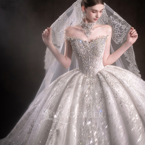 LSHT098 Glitter Strapless Beaded Puffy Ivory Wedding Long Train <b>Gown</b> For <b>Bride</b> - Product Image 4