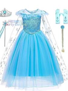 Robe de princesse Elsa de Frozen pour filles - Robe en tulle bleu glace avec cape à flocons de neige Costume de fête/cosplay pour enfants - Product Image 1