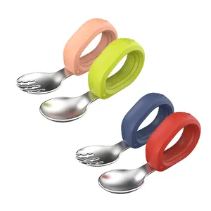 2024 New Product Reusable Cartoon Baby Feeding silicone Stainless Fork Spoon Non Slip Children's Flatware Metal Cutlery Set