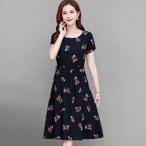 Summer Floral Print <b>Dress</b> For Women Knee Length Short Sleeve <b>Elastic</b> Waist O Neck A Line Casual Daily Wear Plus Size Slimming - Product Image 3