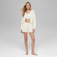 Setelan Loungewear Rajut 2 Potong Wanita Model Hoodie Crop Zip Up dan Celana Pendek Tali Serut, Gaya Athleisure Streetwear Tracksuit