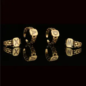 anéis de dedo h m Suppliers-Tarnish anel feminino de cobre 18k, banhado a ouro, diamante, zircônia, 26 letras, alfabeto, anel de dedo ajustável, para mulheres